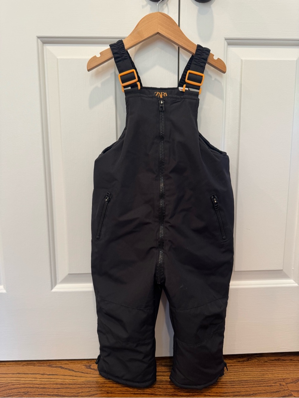 Zara Black Snow Bib Overalls with Orange Buckles
